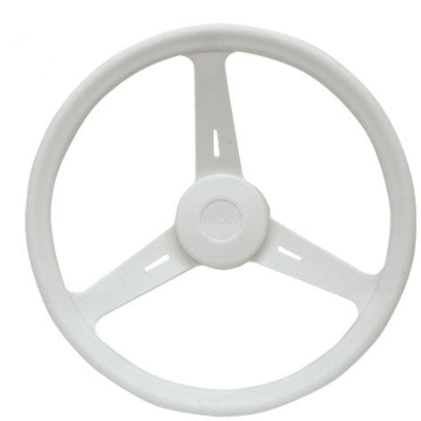 White steering wheel with a central hub on a white background
