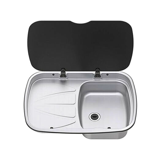 Kitchen Sink & Left Hand Drainer with Black Glass Lid