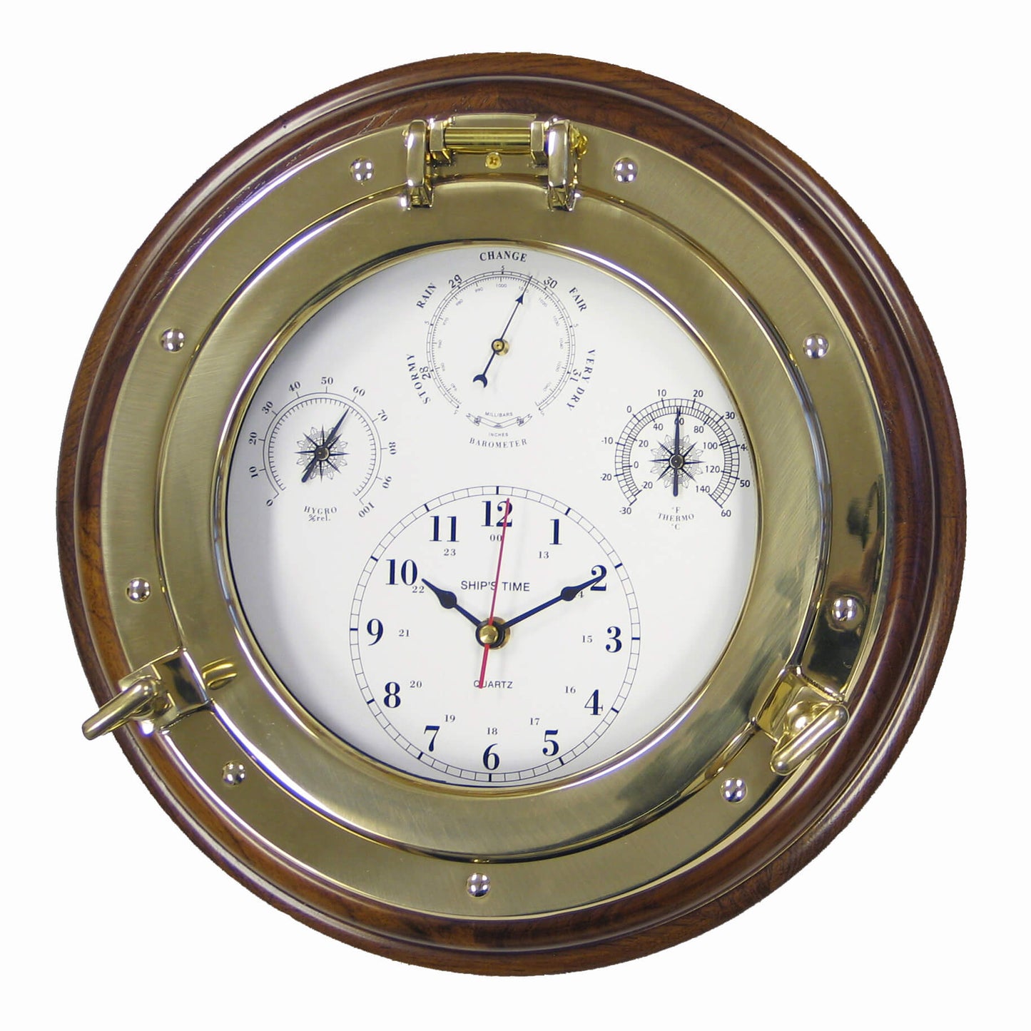 Wood Mounted Porthole Weatherman 4 in 1 Clock, Barometer, Thermometer, Hygrometer