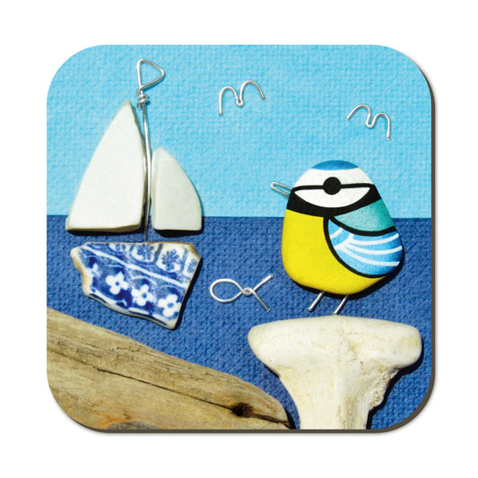 Seaside Coaster - Blue Tit & Sailing Boat Pebble Art