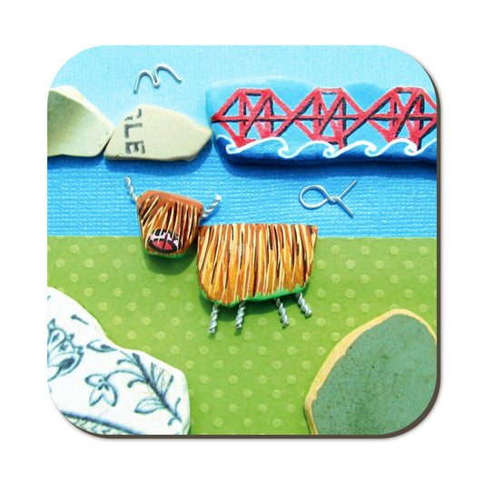 Seaside Coaster - Highland Cow & Forth Rail Bridge Pebble Art