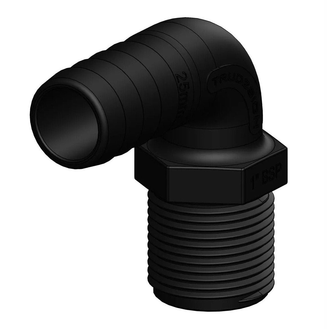 TruDesign Composite Unequal 28mm 1 1/2" Hose Tail BSP Male 90 Degree Bend - Long Thread