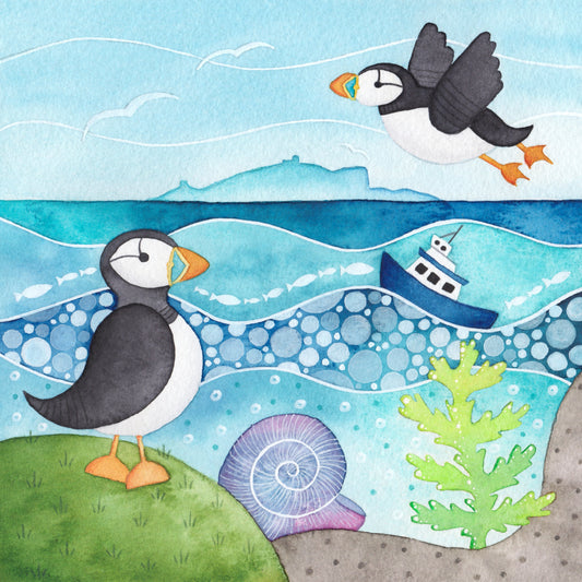 Isle of May Puffins - Seaside Watercolour Painting - Limited Edition Signed Art Print - East Neuk Beach Crafts