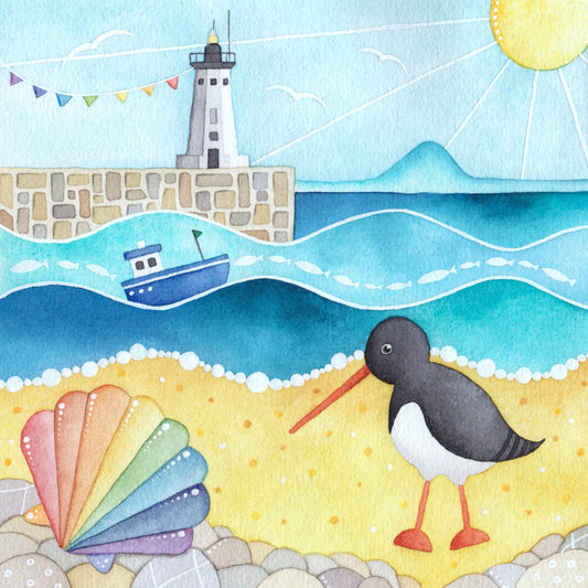 Oystercatcher & Anstruther Lighthouse - Seaside Watercolour Painting - Limited Edition Art Print - East Neuk Beach Crafts