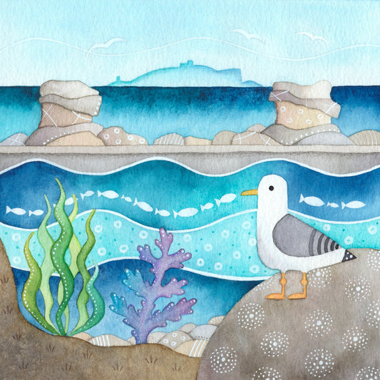 Seagull at Cellardyke Pool Print - Seaside Watercolour Painting - Signed Art
