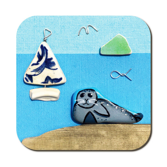 Seaside Coaster - Seal & Sailing Boat Pebble Art