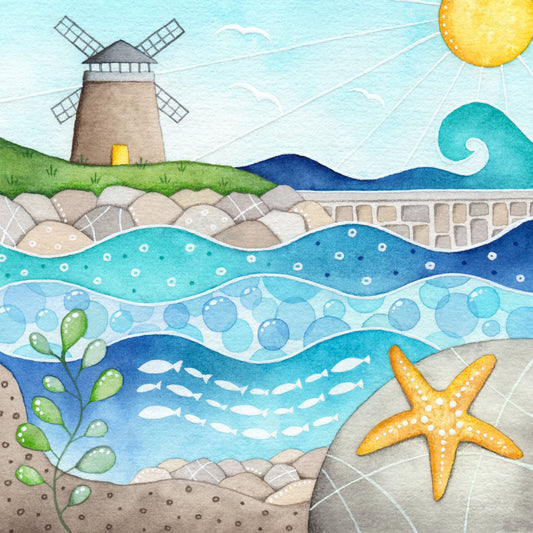 Windmill & Bathing Pool Print - St Monans Seaside Watercolour Painting - Signed Art