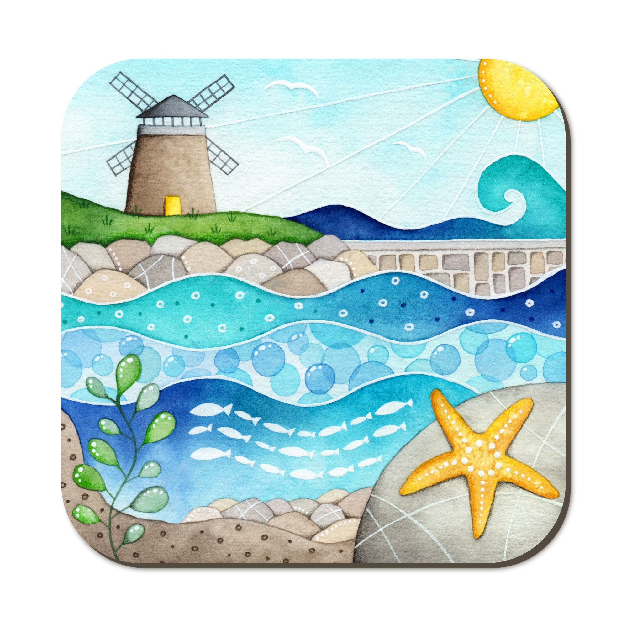 Coaster St Monans Windmill and Starfish Seaside Watercolours