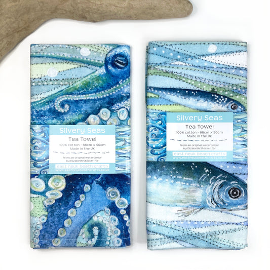 Tea Towel Bundle x2 - Fish & Octopus - 100% Cotton - Coastal Seaside Kitchen