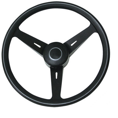 Black steering wheel on a white background