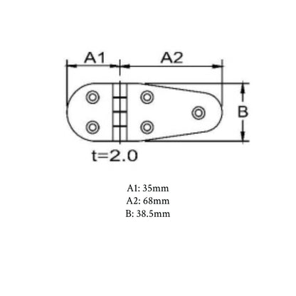 Stainless Steel Flat Round Sided Hinge - 35mm + 68mm x 38.5mm
