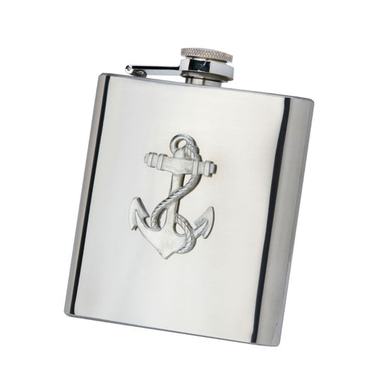 Stainless Steel Nautical Pocket Hip Flask With Pewter Anchor / Yacht Badge