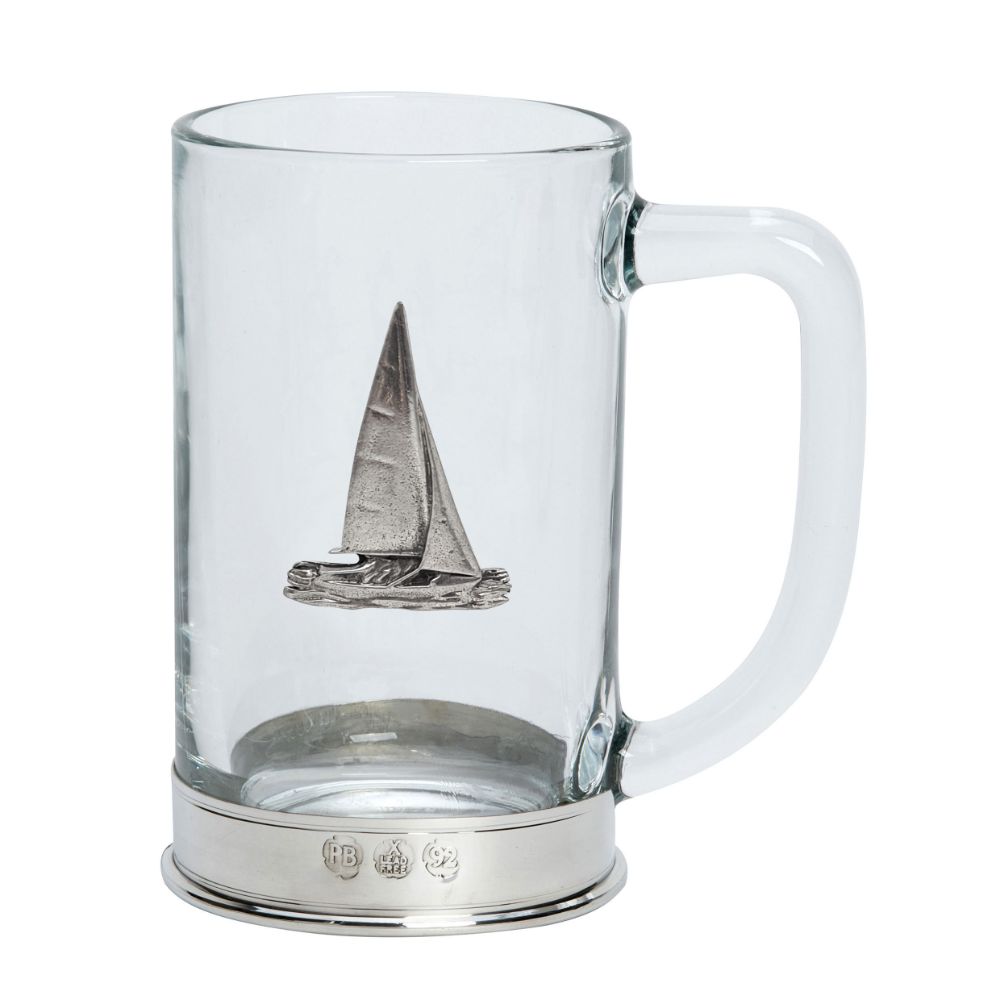 Nautical Glass Tankard With Pewter Base And Anchor / Salmon / Yacht Badge