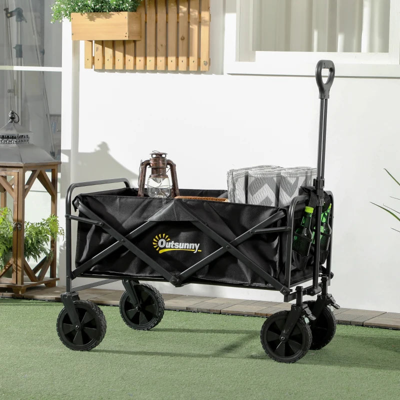 Outsunny Outdoor Pull Along Folding Cargo Wagon Trolley With Telescopic Handle