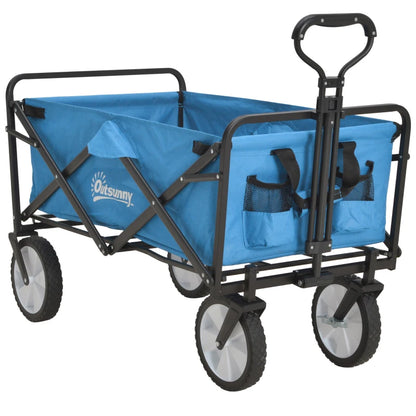 Outsunny Outdoor Pull Along Folding Cargo Wagon Trolley With Telescopic Handle