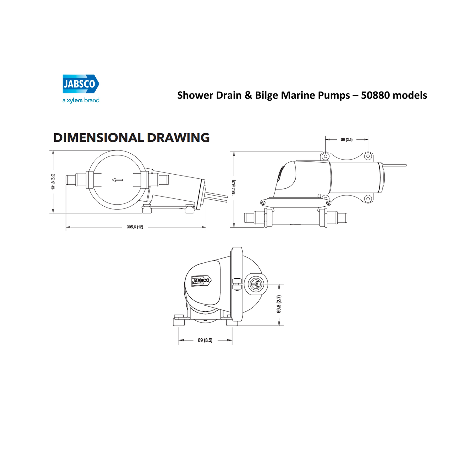 Jabsco 50880 Series Self-Priming Diaphragm Bilge And Shower Pump - 16 LPM