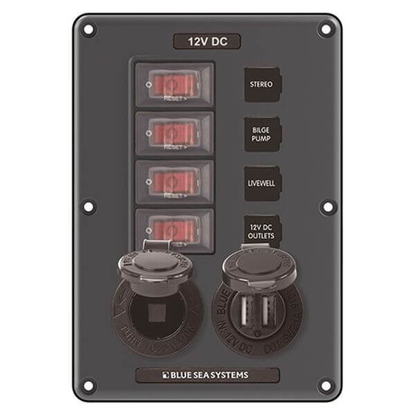 Blue Sea IP66 4 Position Circuit Breaker Switch Panel With 12V Socket - 2.1A USB Charger.
