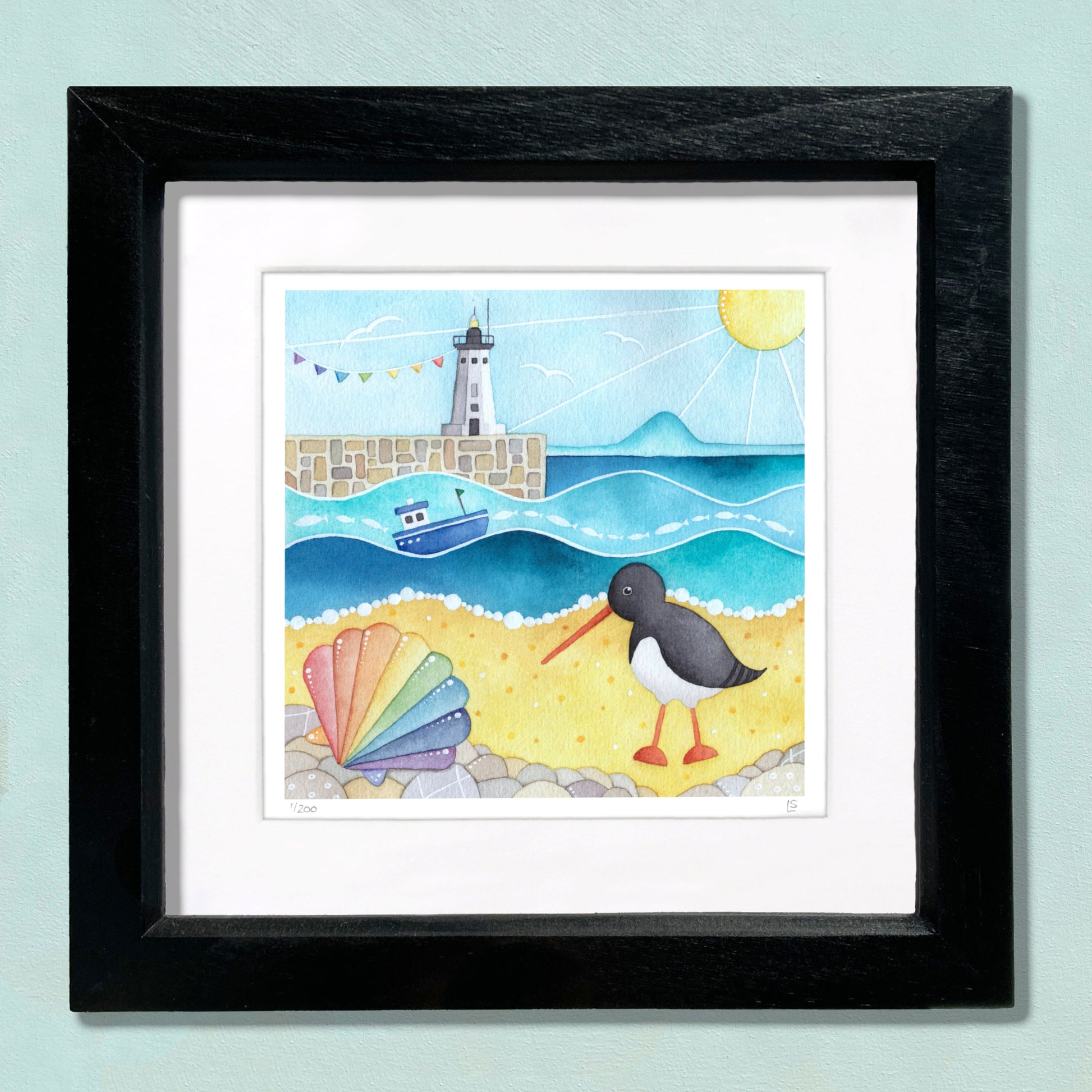 Oystercatcher & Anstruther Lighthouse - Seaside Watercolour Painting - Limited Edition Art Print - East Neuk Beach Crafts