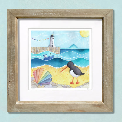 Oystercatcher & Anstruther Lighthouse - Seaside Watercolour Painting - Limited Edition Art Print - East Neuk Beach Crafts