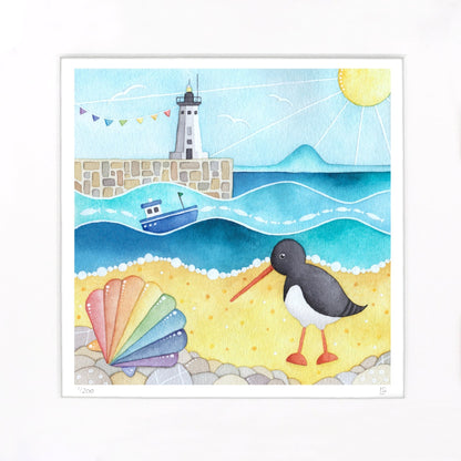 Oystercatcher & Anstruther Lighthouse - Seaside Watercolour Painting - Limited Edition Art Print - East Neuk Beach Crafts