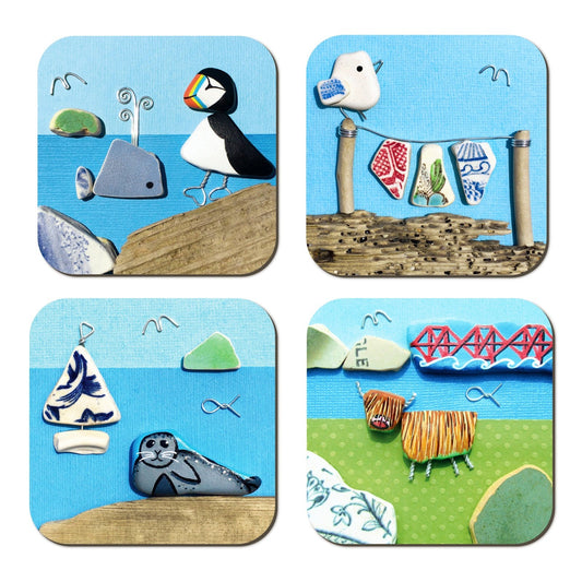 Coaster Set x 4 - Beach Pebble Art - Puffins, Seagulls, Seals, Highland Cows