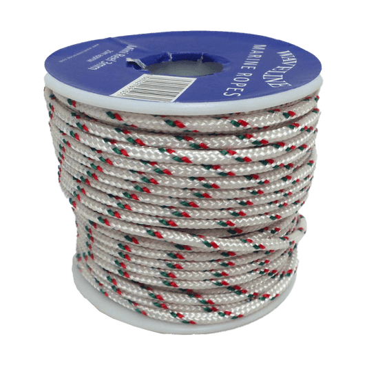 Mini Reels 3mm Braided Polyester Cord - White - Green / Red Fleck