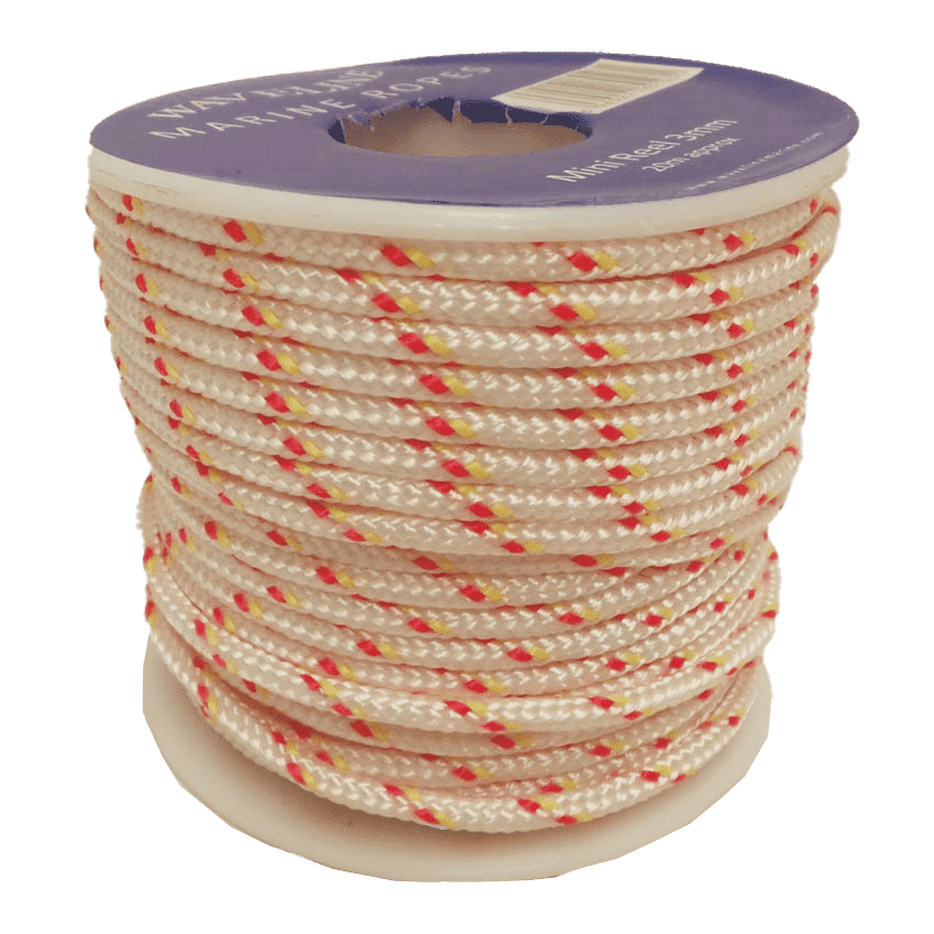 Mini Reels 3mm Braided Polyester Cord - White - Red / Yellow Fleck